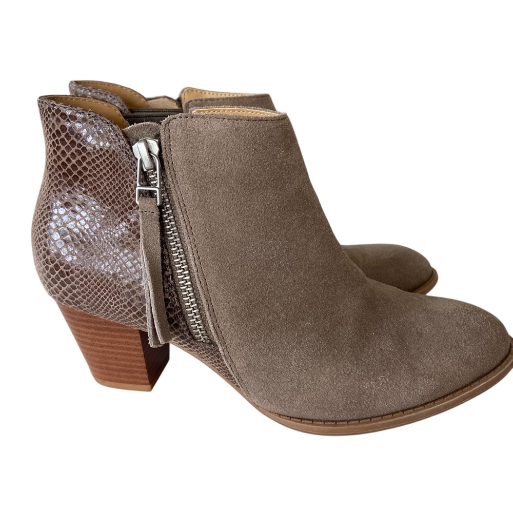 Vionic Anne Suede Snake Stacked Bootie Ankle Zipper Boots 6 Taupe Brown Neutral